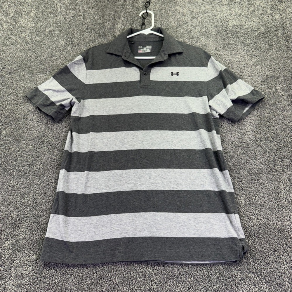 Under Armour HeatGear Polo Shirt Mens Medium Gray Striped Golf Performance